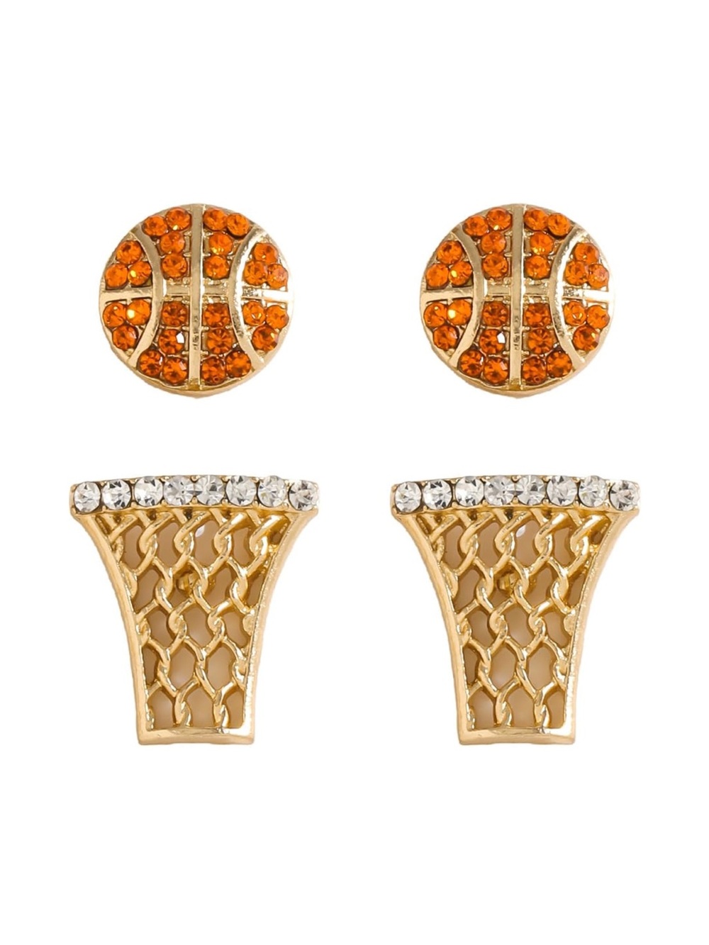 Basketball & Net Stud Earring Set - Orange and Gold